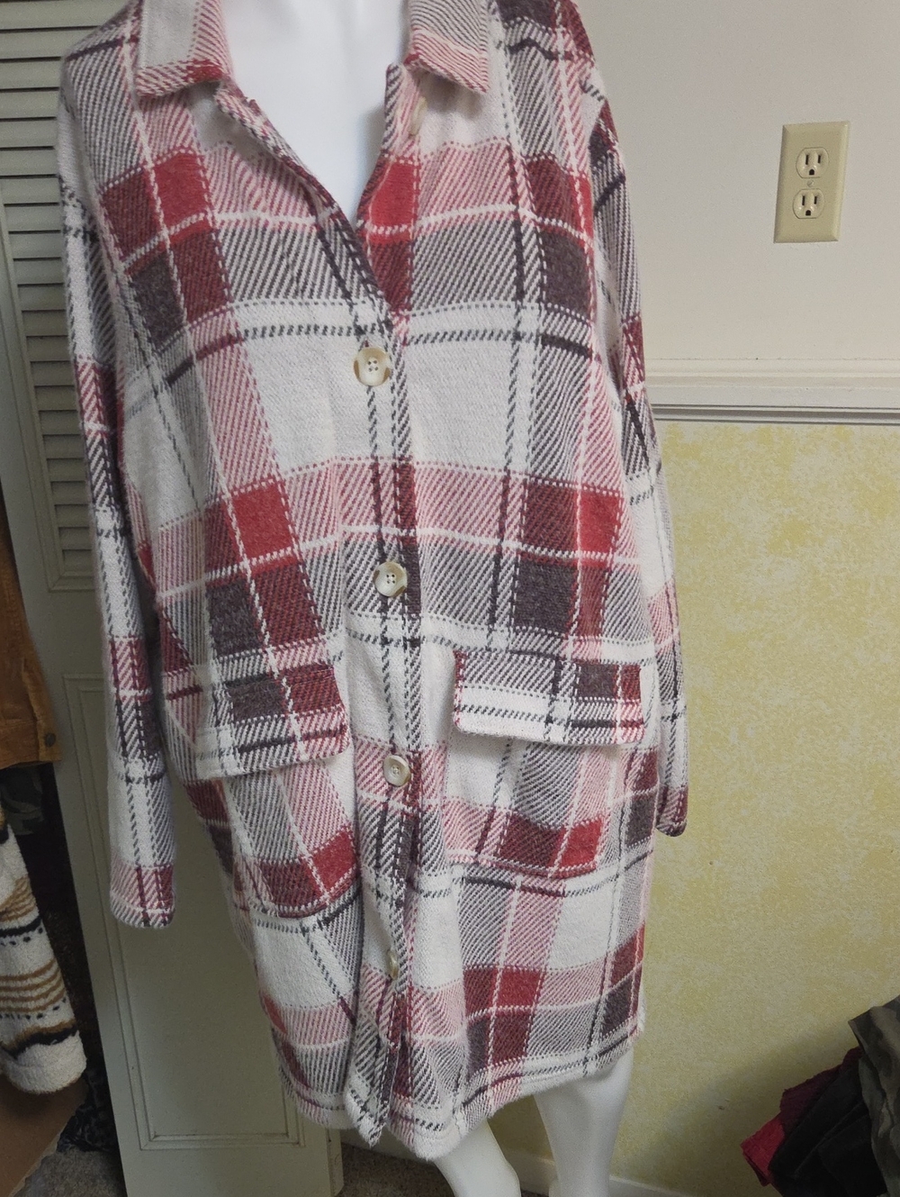 Maurices Red, White & Gray Plaid Button-Front Coatigan